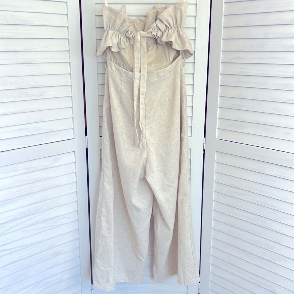 Azura Beige Ruffle Open Back Pockets Linen Capri Wide Leg Jumpsuit Small - Picture 4 of 11